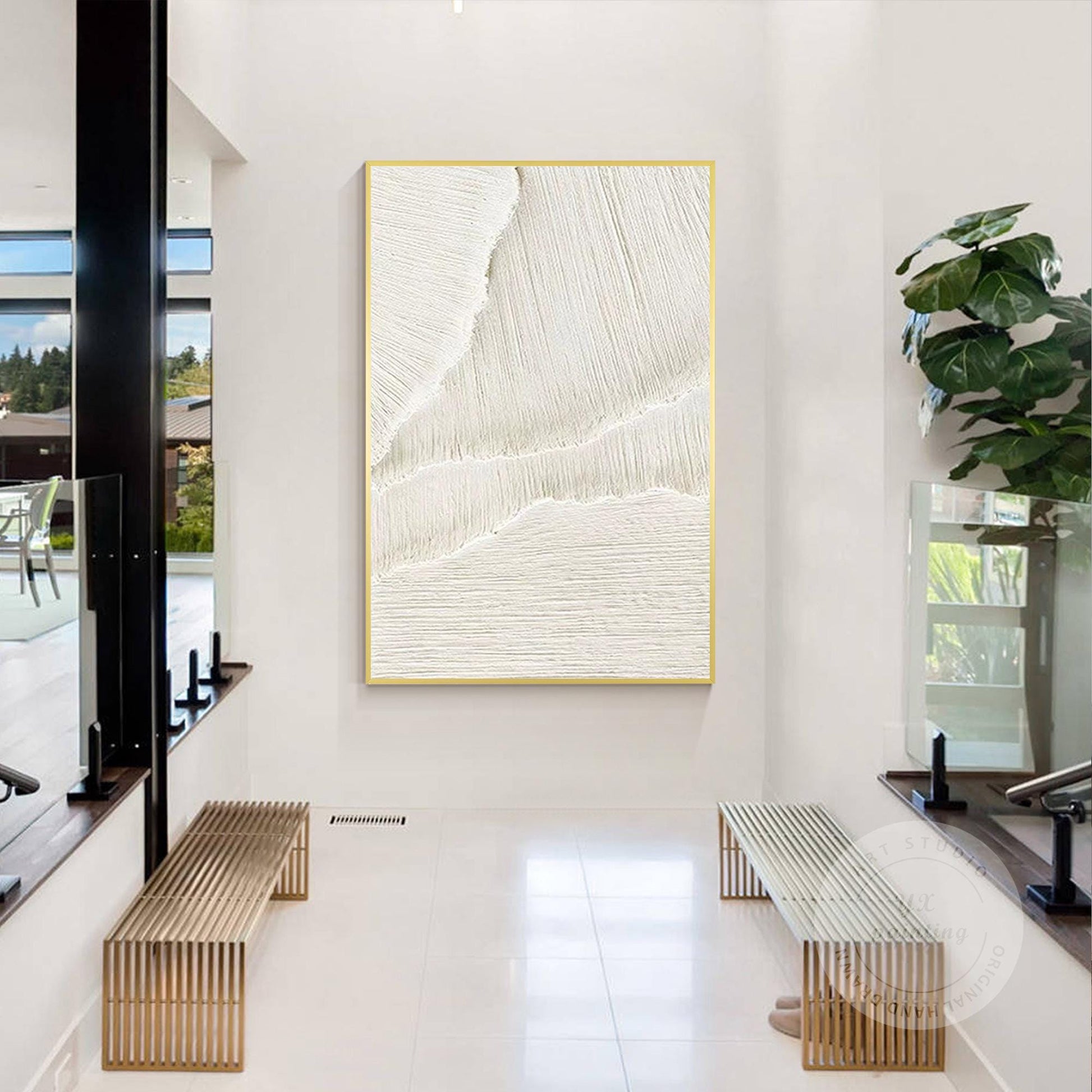 3D Textured Ocean Waves Wall Art, Beige White Plaster Canvas Painting, Minimalis #3