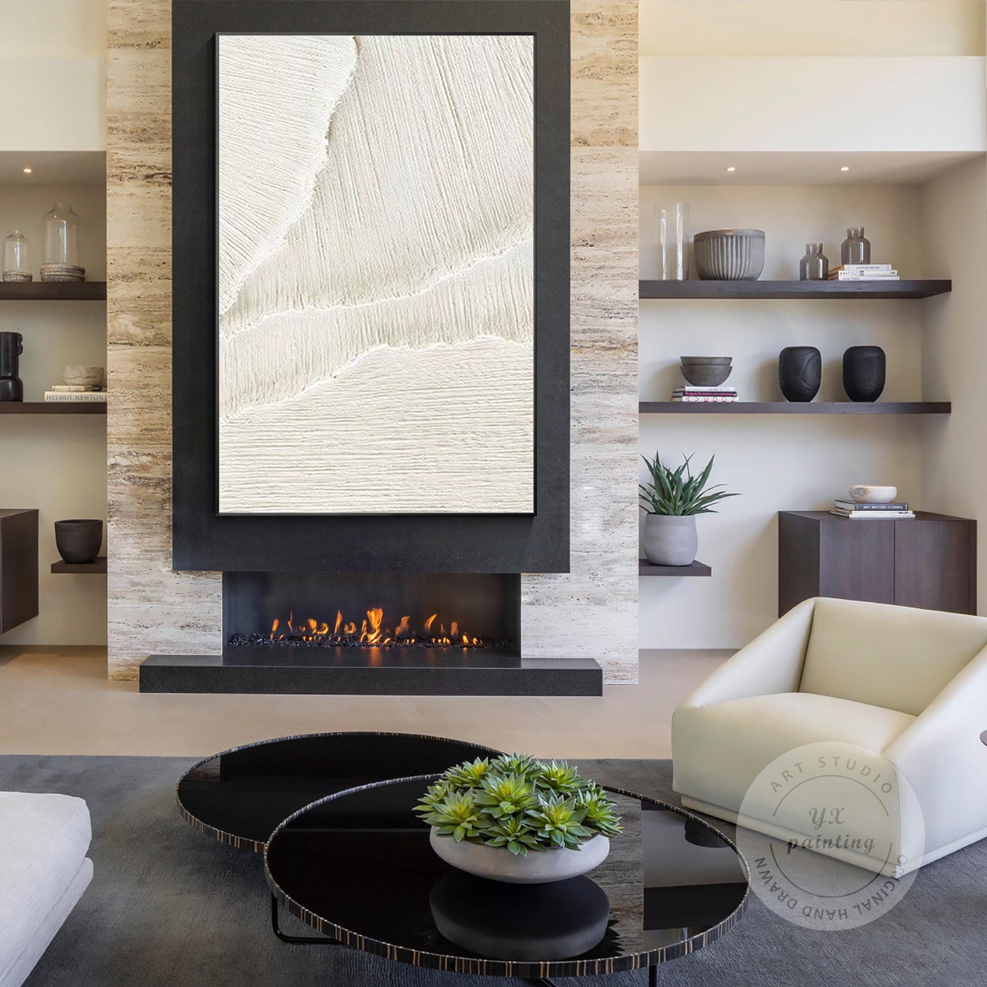 3D Textured Ocean Waves Wall Art, Beige White Plaster Canvas Painting, Minimalis #5