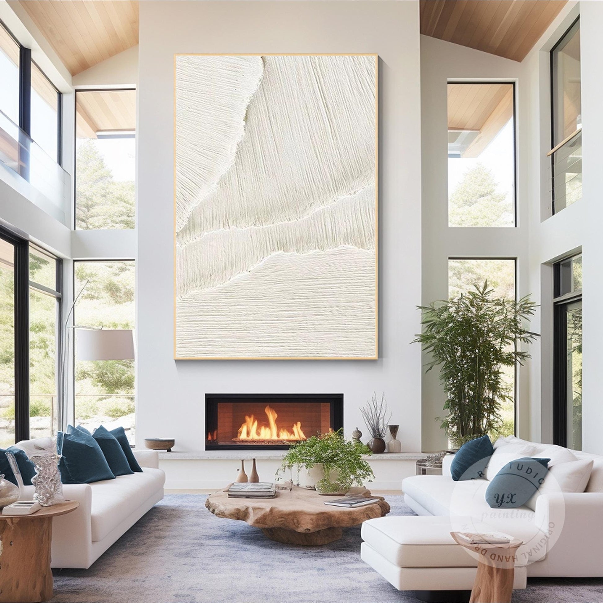 3D Textured Ocean Waves Wall Art, Beige White Plaster Canvas Painting, Minimalis #1