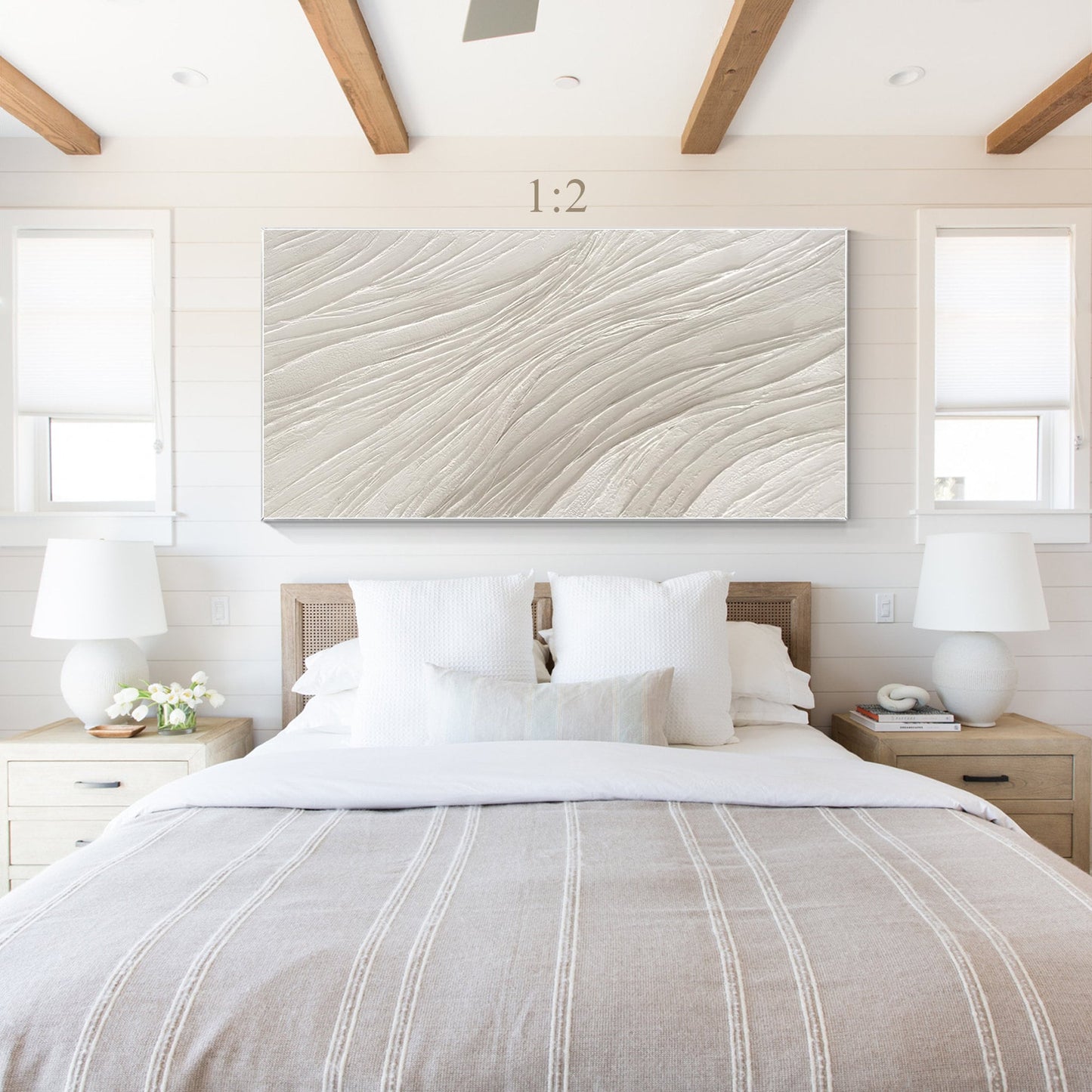 3D Textured Plaster Wall Art, Beige White Nordic Minimalist Canvas Painting, Lar #4