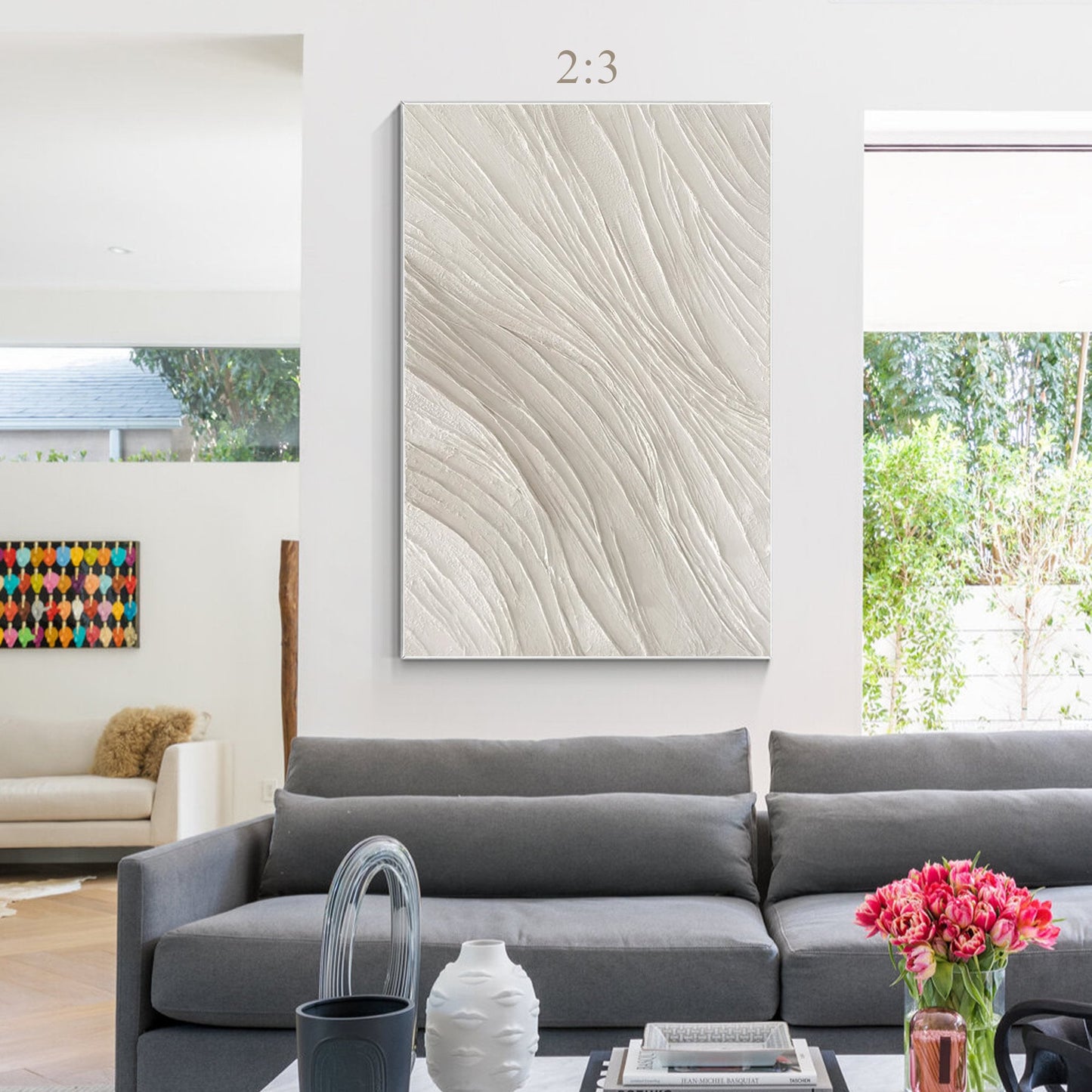 3D Textured Plaster Wall Art, Beige White Nordic Minimalist Canvas Painting, Lar #5