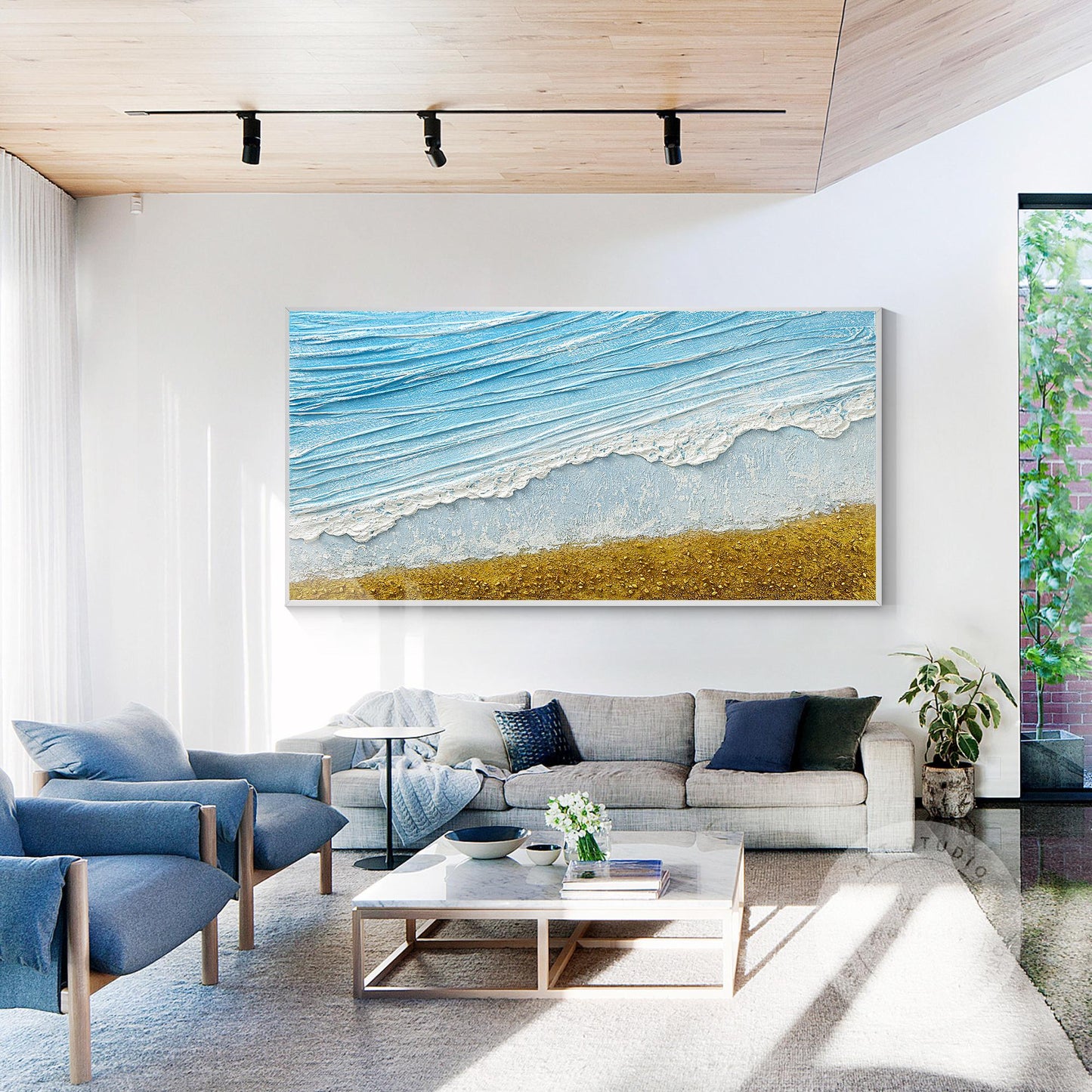 3D Textured Seascape Painting: Skye Blue Ocean Waves, Gold Sand Beach #2
