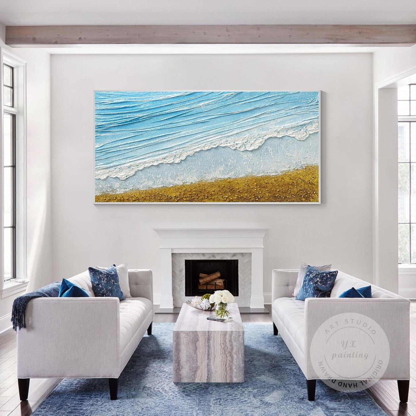 3D Textured Seascape Painting: Skye Blue Ocean Waves, Gold Sand Beach #3