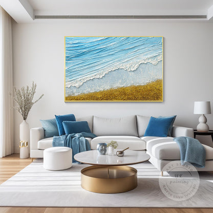 3D Textured Seascape Painting: Skye Blue Ocean Waves, Gold Sand Beach #4