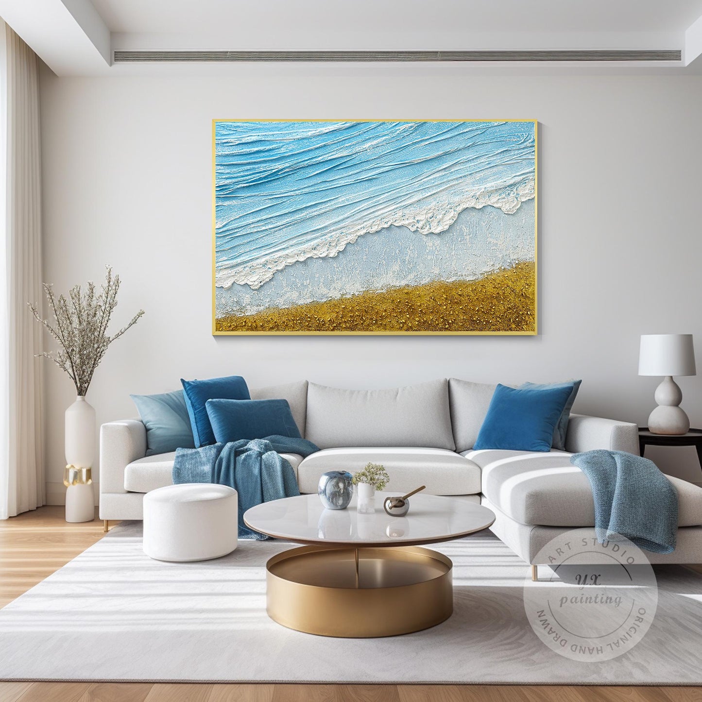 3D Textured Seascape Painting: Skye Blue Ocean Waves, Gold Sand Beach #5