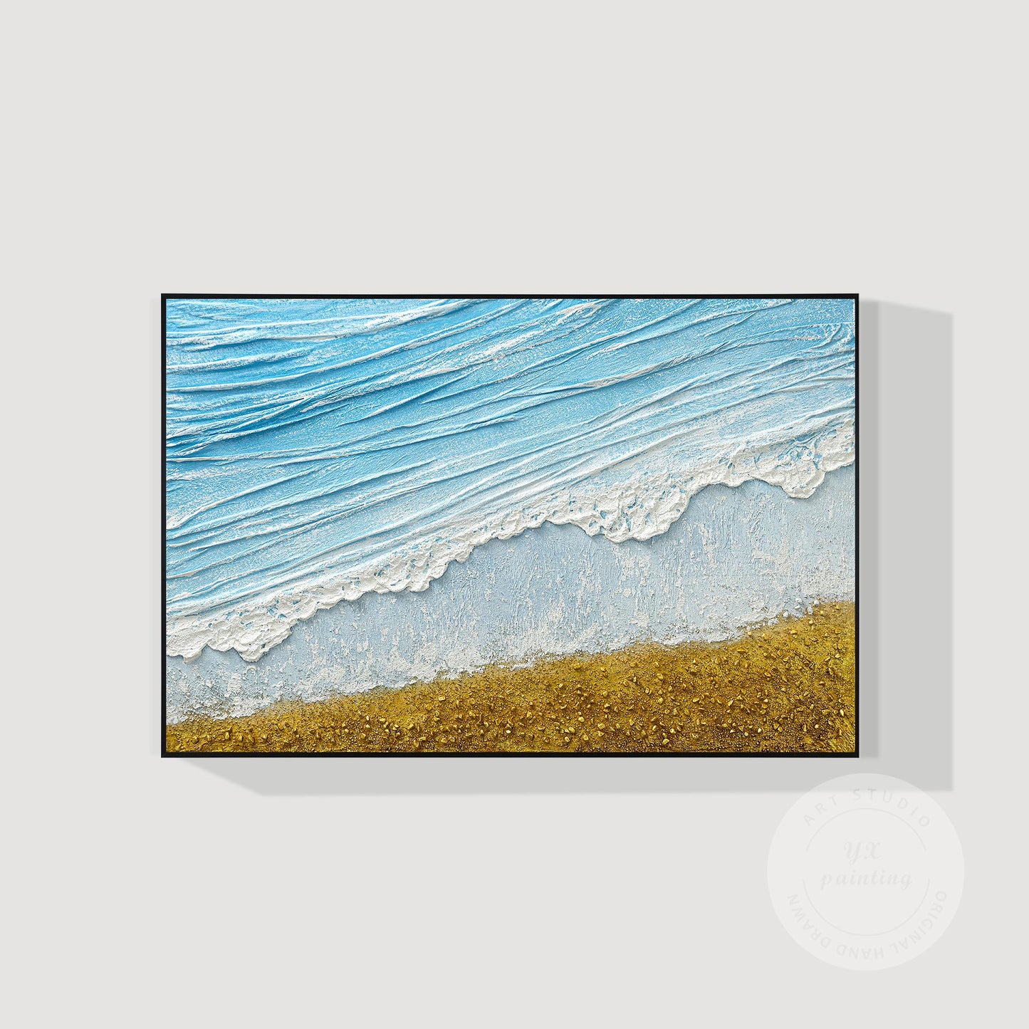 3D Textured Seascape Painting: Skye Blue Ocean Waves, Gold Sand Beach #8