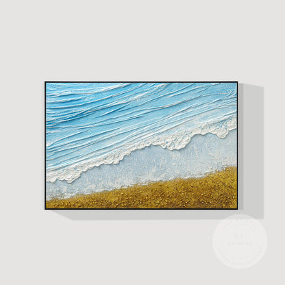3D Textured Seascape Painting: Skye Blue Ocean Waves, Gold Sand Beach #8