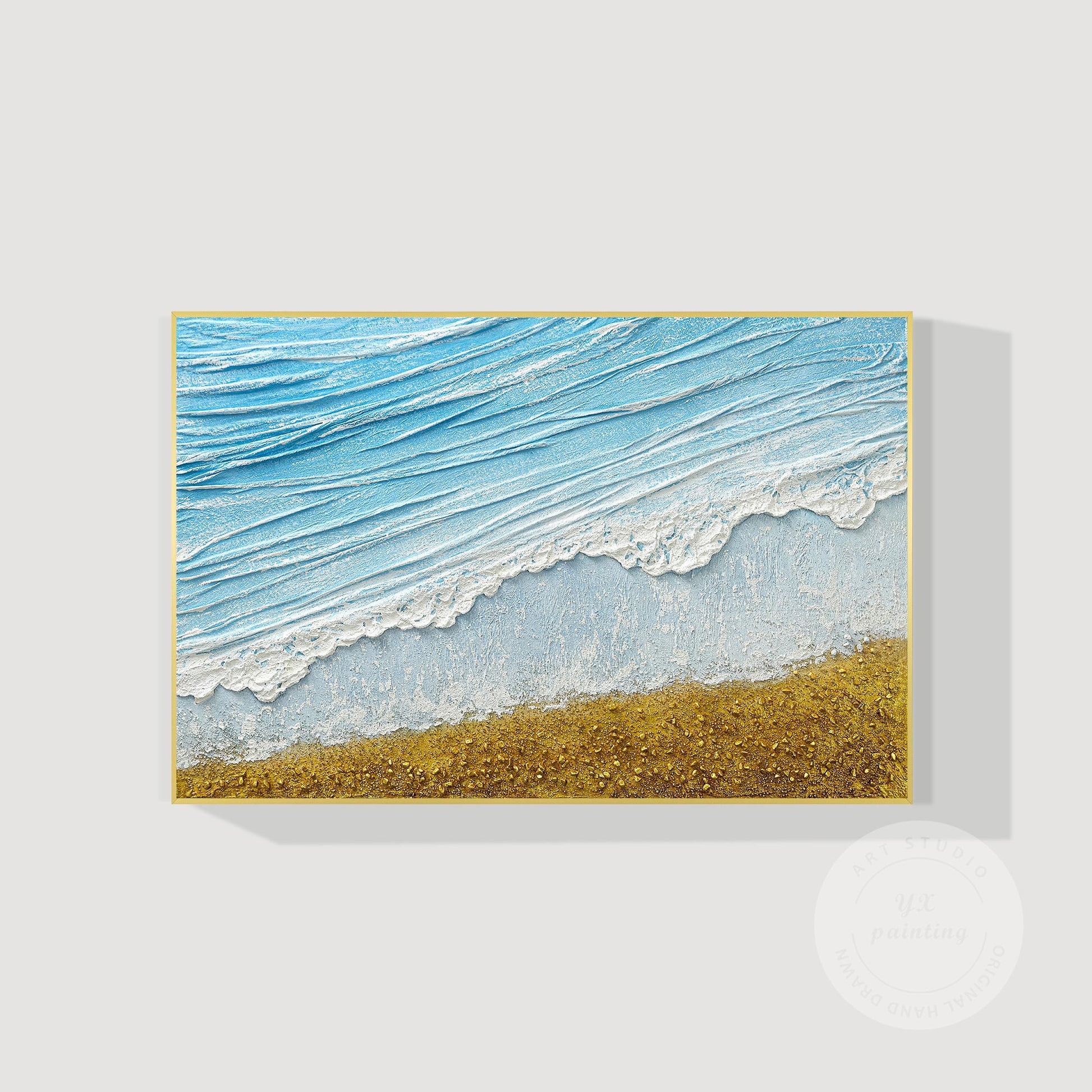 3D Textured Seascape Painting: Skye Blue Ocean Waves, Gold Sand Beach #9
