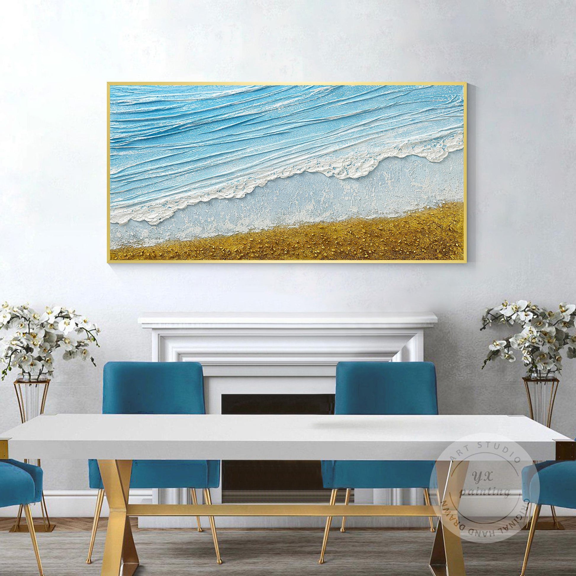 3D Textured Seascape Painting: Skye Blue Ocean Waves, Gold Sand Beach #1