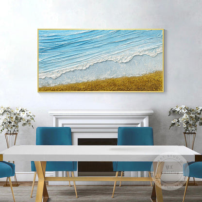 3D Textured Seascape Painting: Skye Blue Ocean Waves, Gold Sand Beach #1