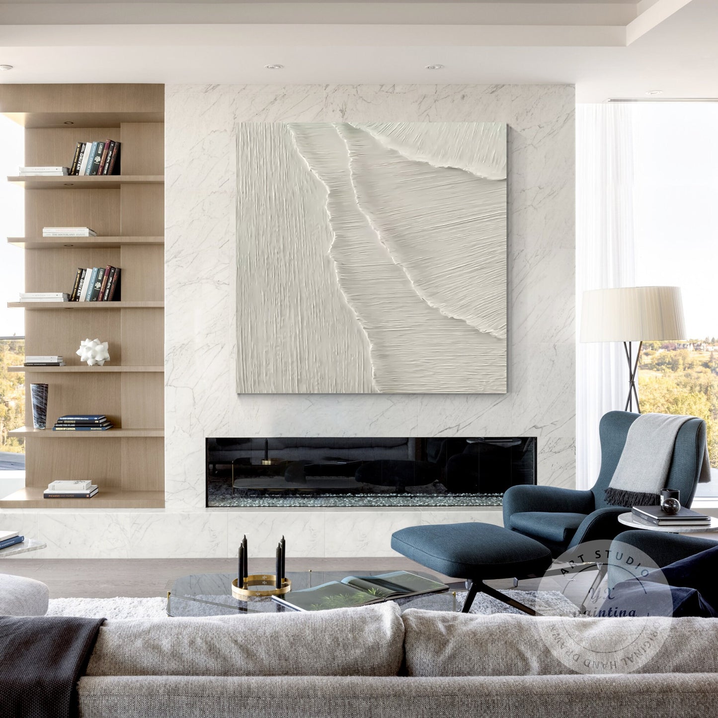 3D White Texture Painting: Minimalist Sea Waves Framed Wall Art #2