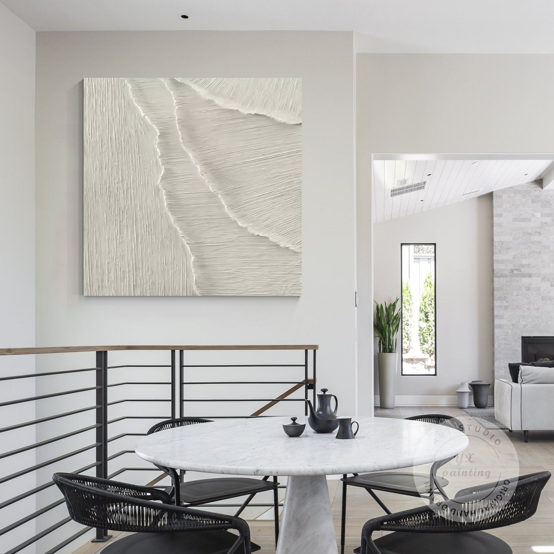 3D White Texture Painting: Minimalist Sea Waves Framed Wall Art #3