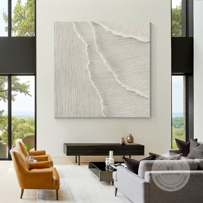3D White Texture Painting: Minimalist Sea Waves Framed Wall Art #5