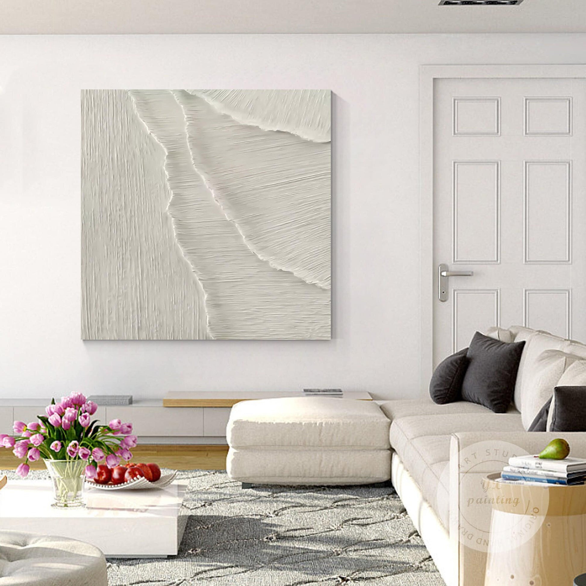 3D White Texture Painting: Minimalist Sea Waves Framed Wall Art #1