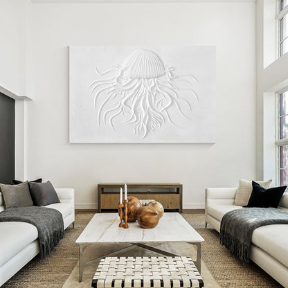 3D Woodcut Jellyfish Wall Art: Minimalist White Texture Painting #2