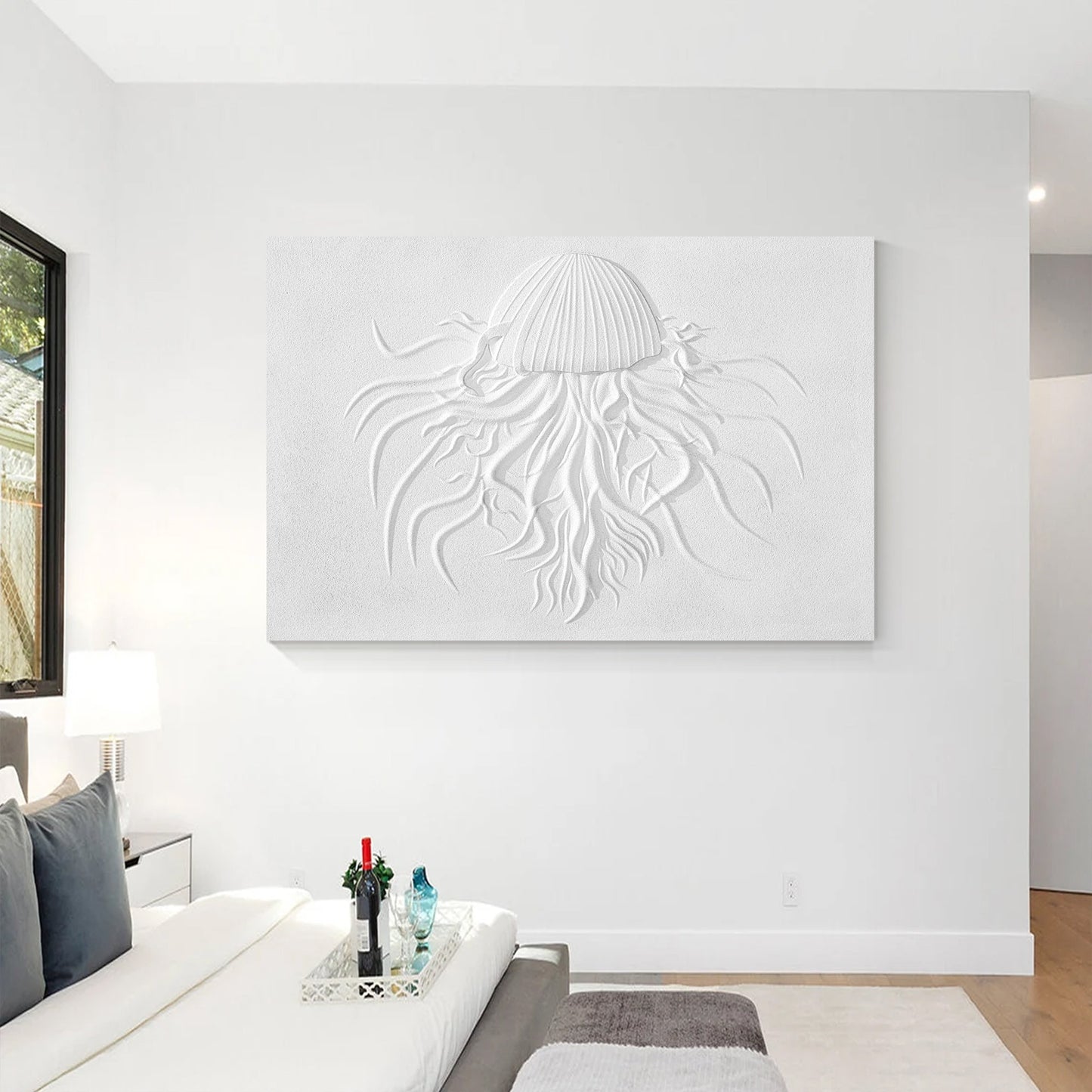 3D Woodcut Jellyfish Wall Art: Minimalist White Texture Painting #4