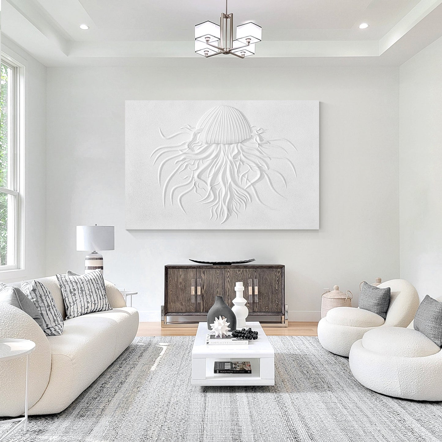 3D Woodcut Jellyfish Wall Art: Minimalist White Texture Painting #5
