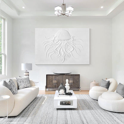 3D Woodcut Jellyfish Wall Art: Minimalist White Texture Painting #5