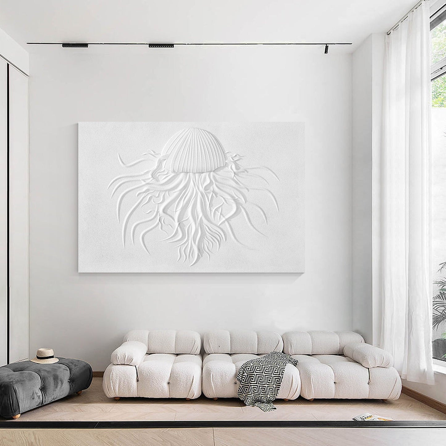 3D Woodcut Jellyfish Wall Art: Minimalist White Texture Painting #1