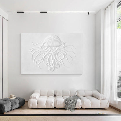 3D Woodcut Jellyfish Wall Art: Minimalist White Texture Painting #1