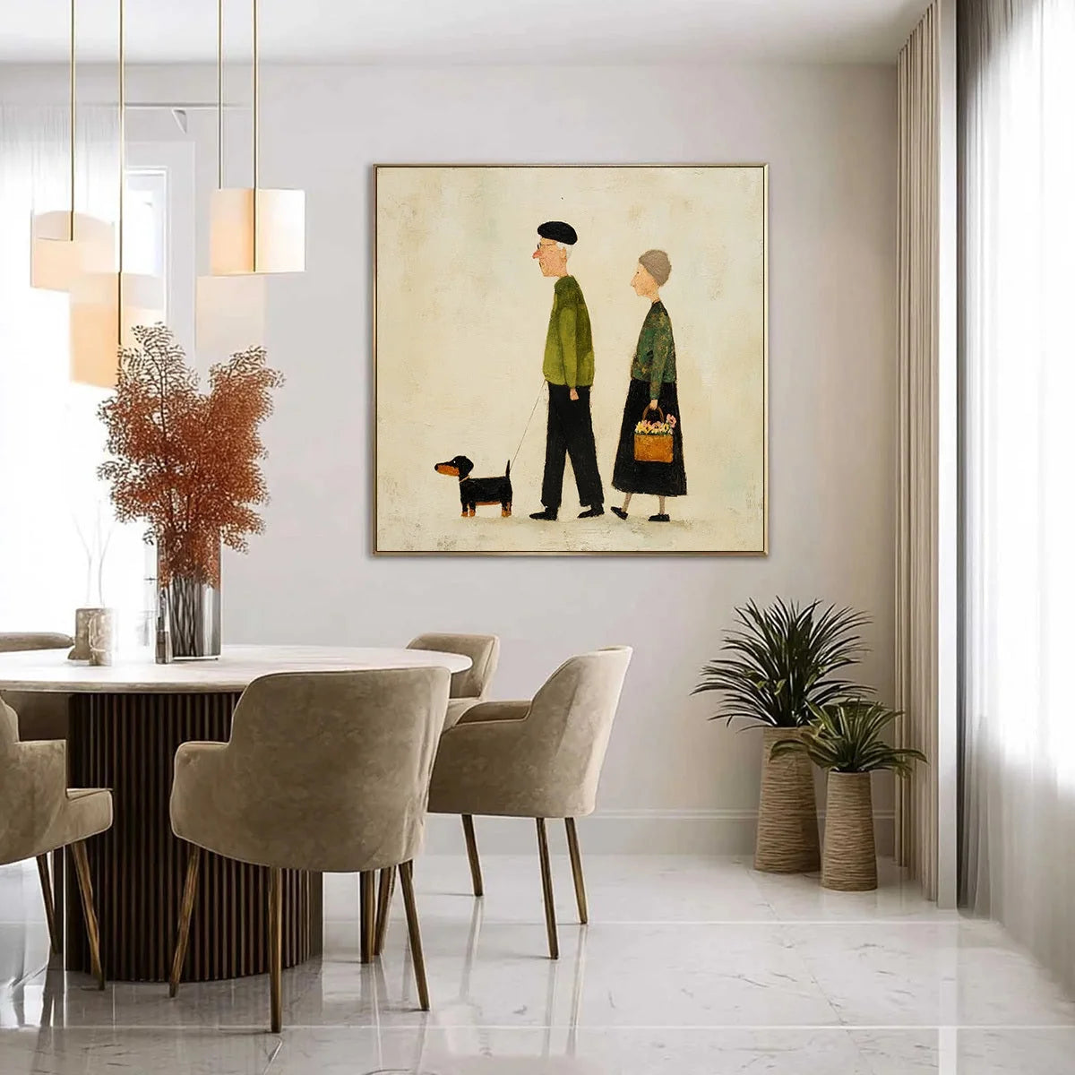A LIFETIME'S WALK: Charming Figurative Art of an Elderly Couple and Their Dog | gold frame stretched on neutral wall