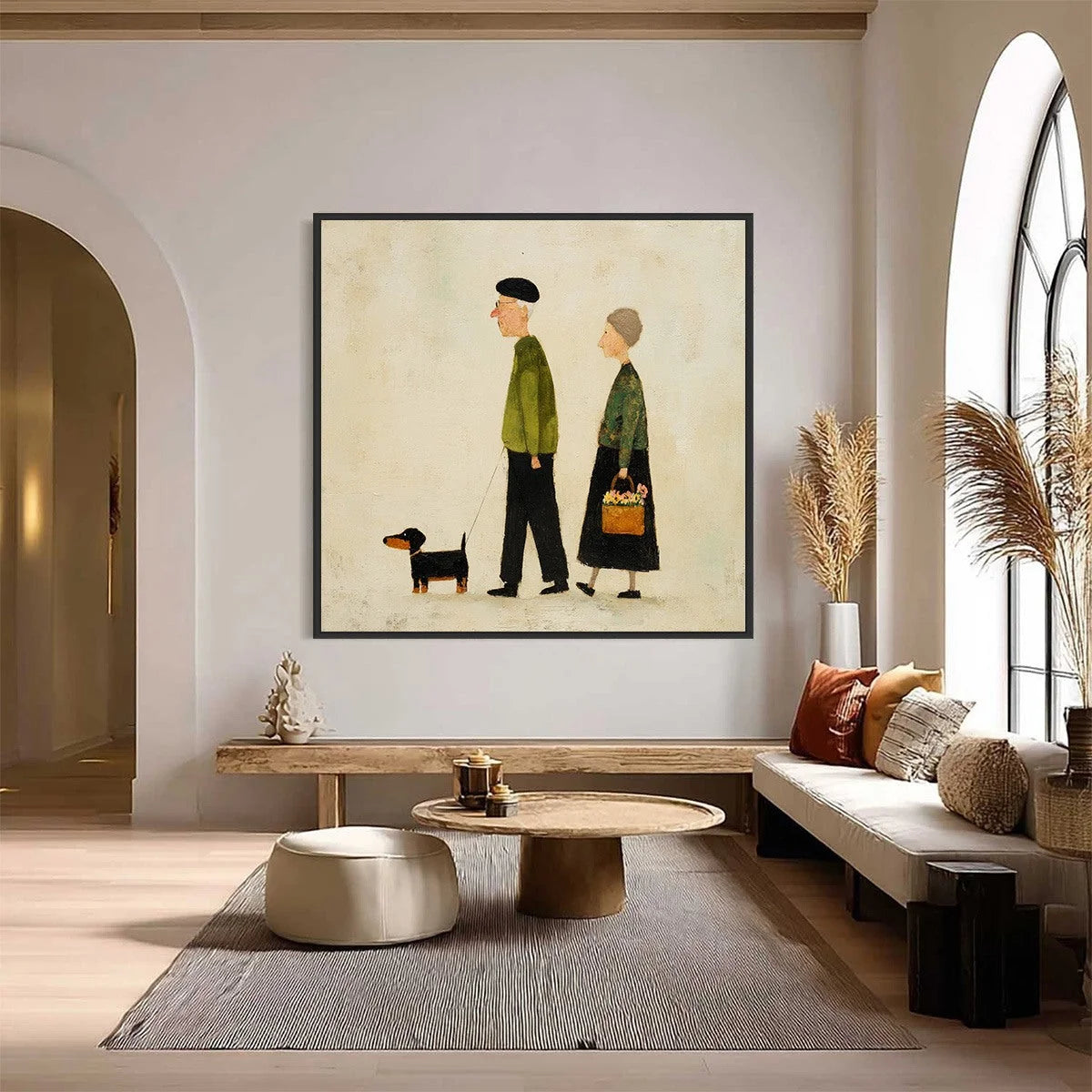 A LIFETIME'S WALK: Charming Figurative Art of an Elderly Couple and Their Dog | black frame version on white wall