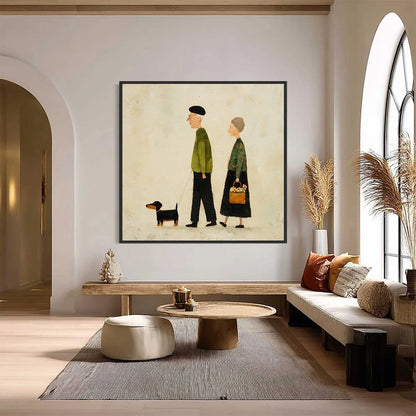A LIFETIME'S WALK: Charming Figurative Art of an Elderly Couple and Their Dog | black frame version on white wall