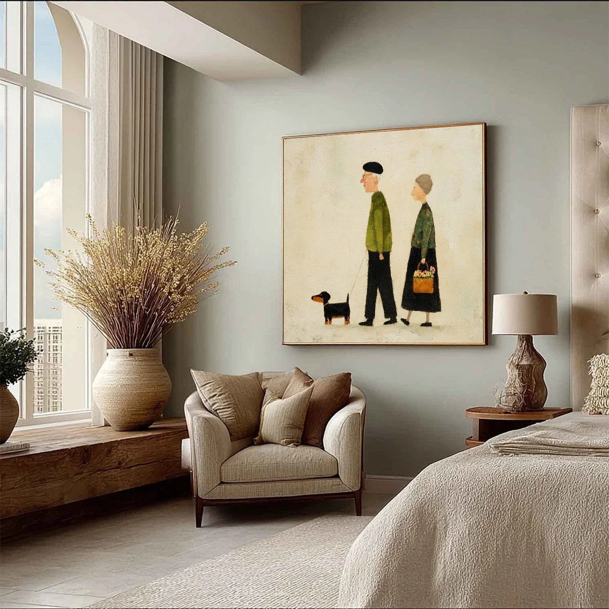 A LIFETIME'S WALK: Charming Figurative Art of an Elderly Couple and Their Dog | multi palette, original bedroom art