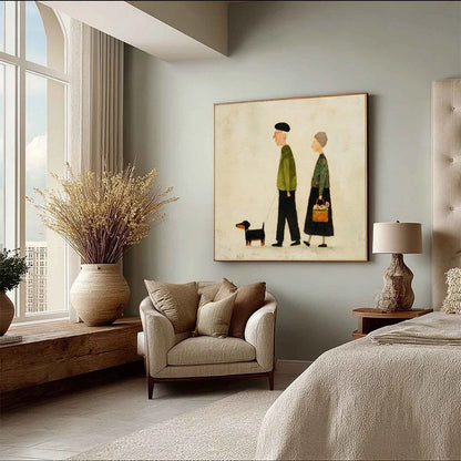 A LIFETIME'S WALK: Charming Figurative Art of an Elderly Couple and Their Dog | multi palette, original bedroom art