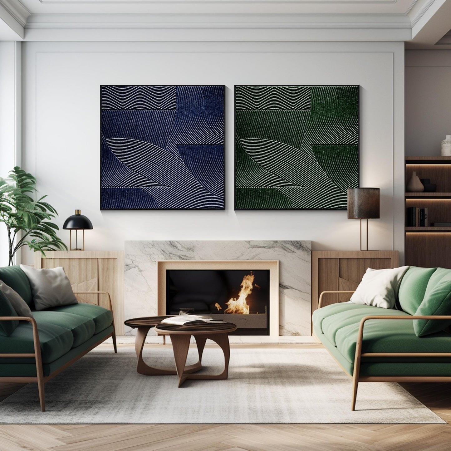 Abstract 3D Textured Painting: Green & Blue Nordic Wall Art, Set of 2 #1