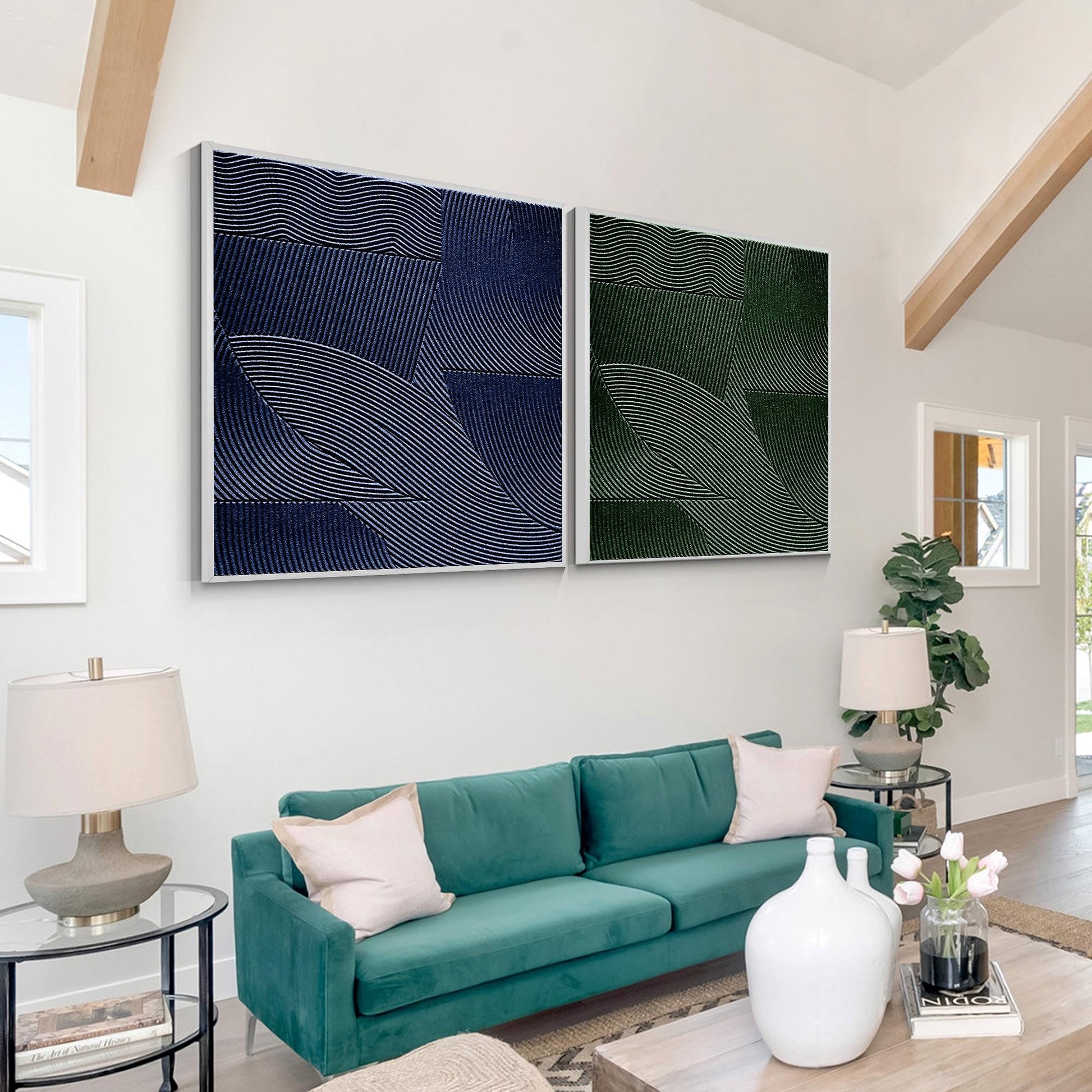 Abstract 3D Textured Painting: Green & Blue Nordic Wall Art, Set of 2 #4