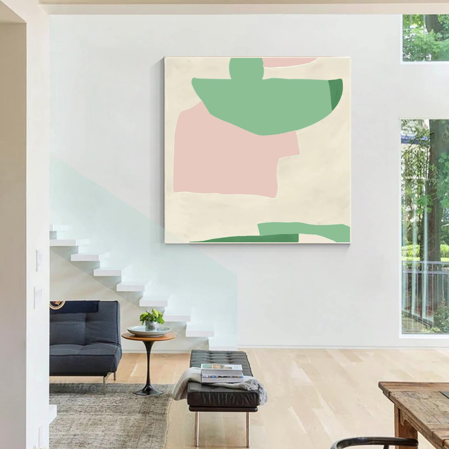 Abstract Acrylic Painting: Pink, Green, Beige Minimalist Wall Art #3