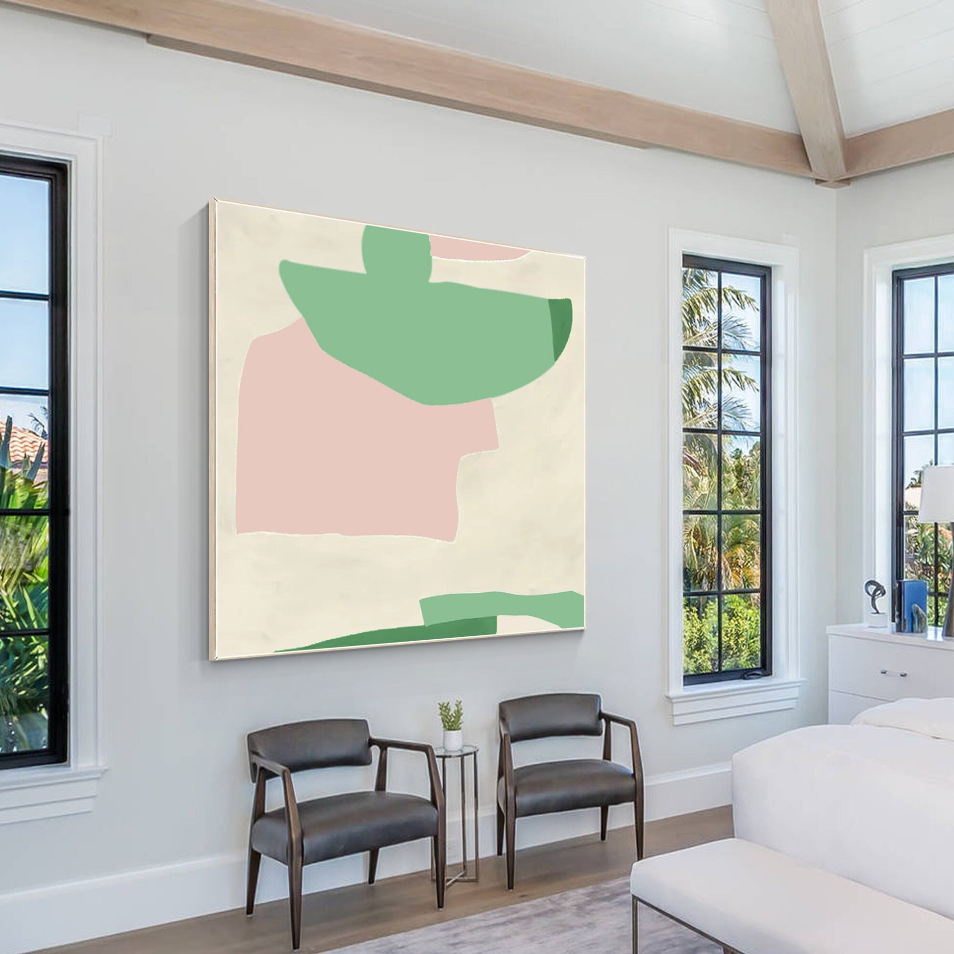 Abstract Acrylic Painting: Pink, Green, Beige Minimalist Wall Art #5