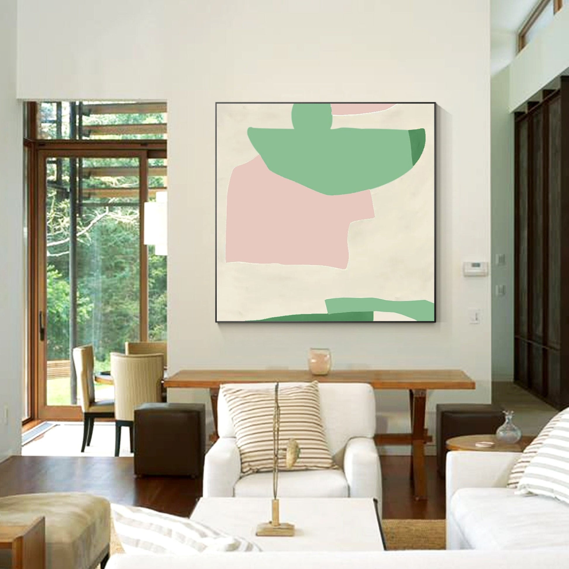 Abstract Acrylic Painting: Pink, Green, Beige Minimalist Wall Art #1
