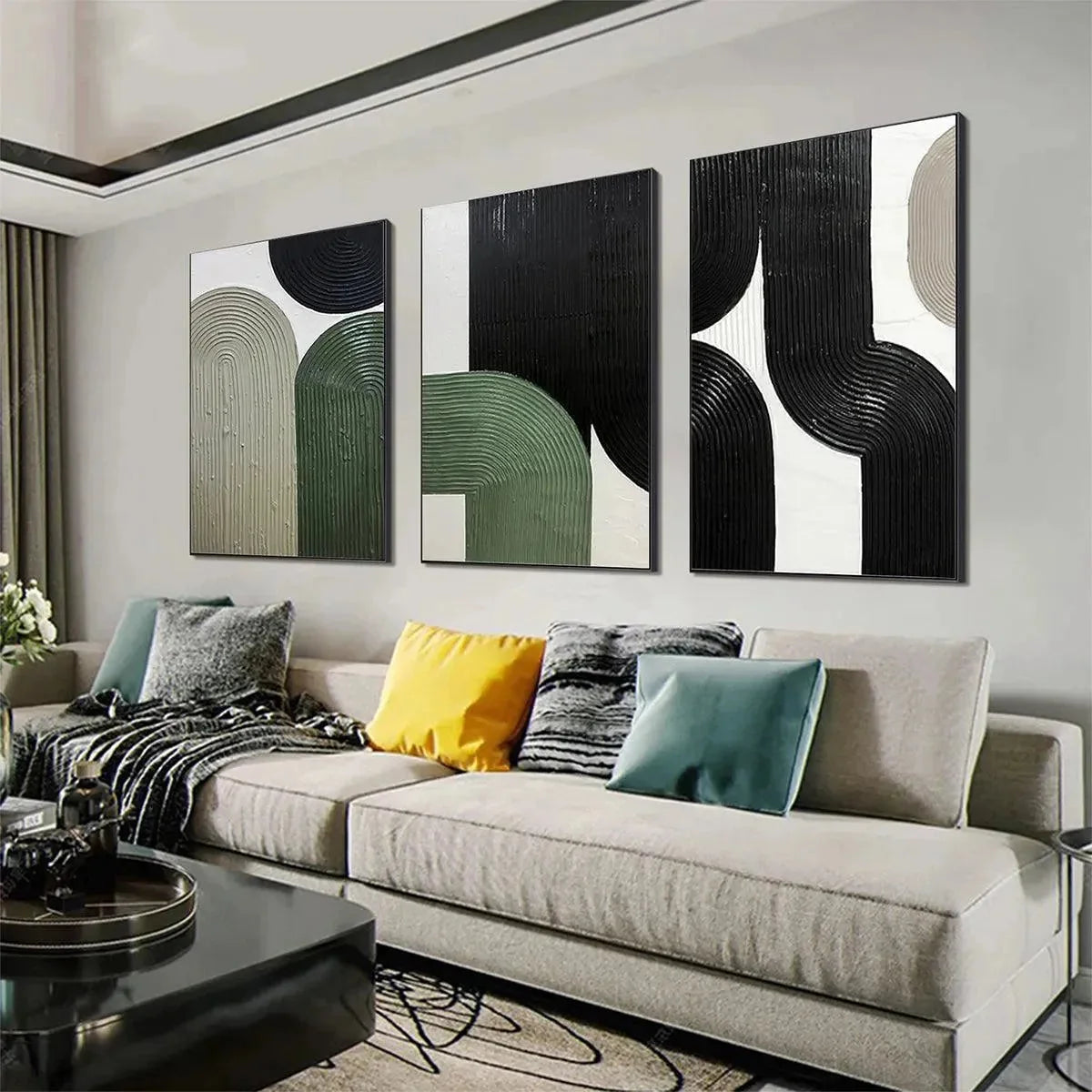 ARCHES TRIPTYCH: Minimalist Textured Abstract Painting Set of 3 | gold frame stretched on neutral wall