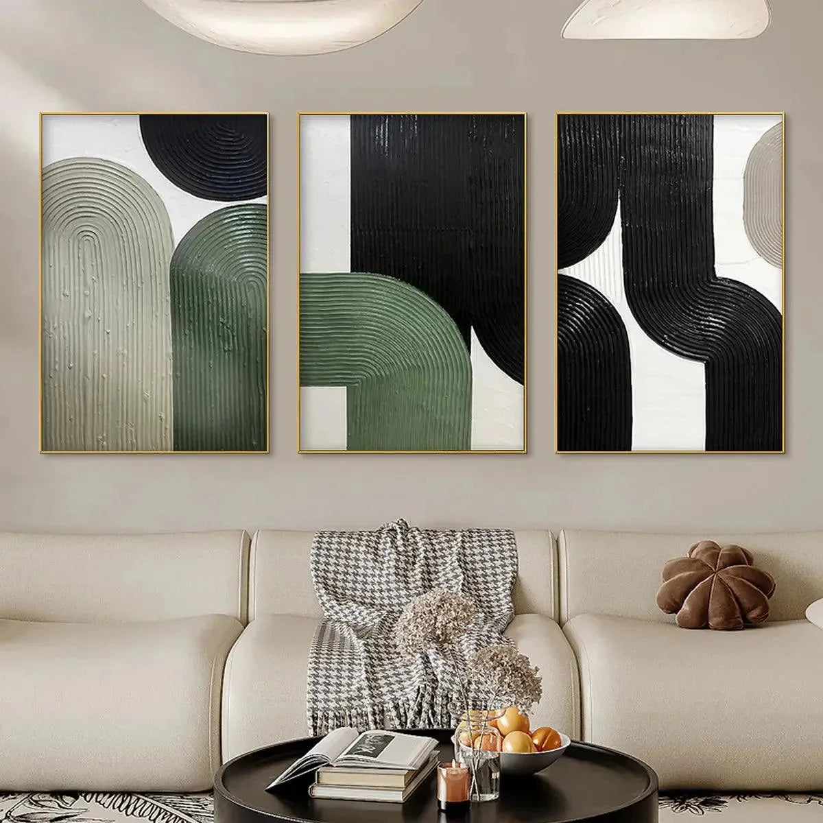ARCHES TRIPTYCH: Minimalist Textured Abstract Painting Set of 3 | black frame version on white wall