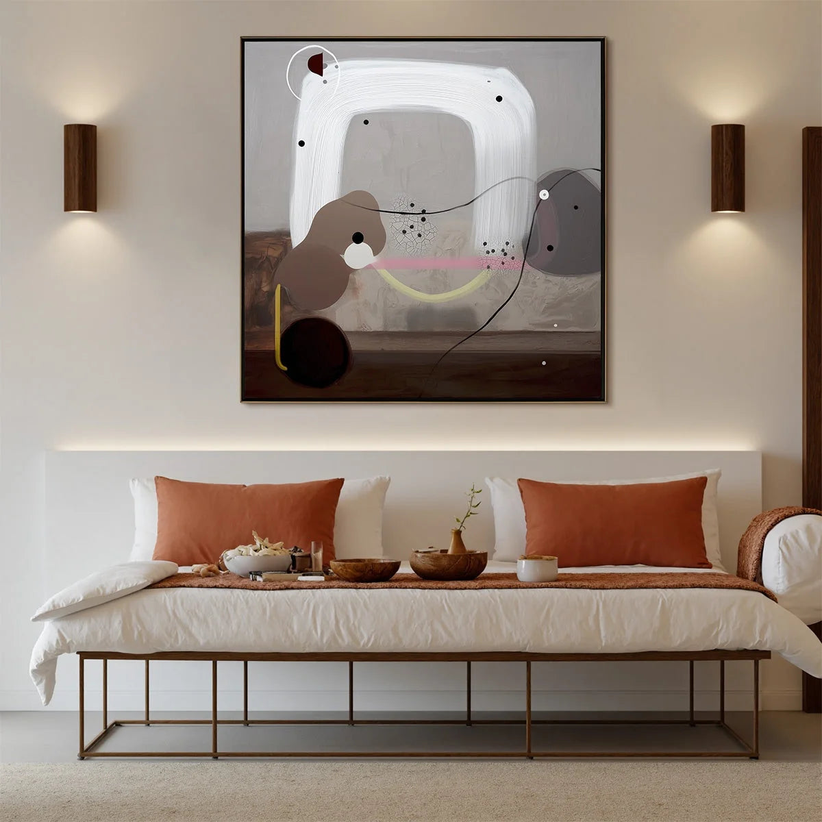 ABSTRACT BALANCE: Minimalist Grey Oil Painting | gold frame stretched on neutral wall