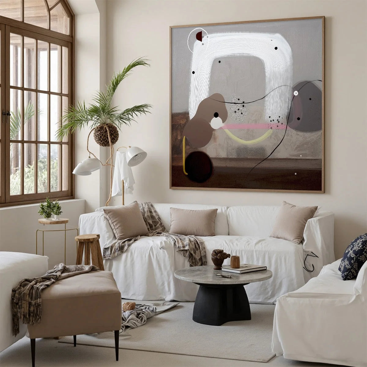 ABSTRACT BALANCE: Minimalist Grey Oil Painting | black frame version on white wall