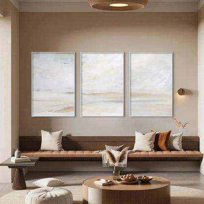 ABSTRACT BEACH TRIPTYCH: Minimalist Abstract Beach Painting | Minimalist mood, soft natural light studio shot