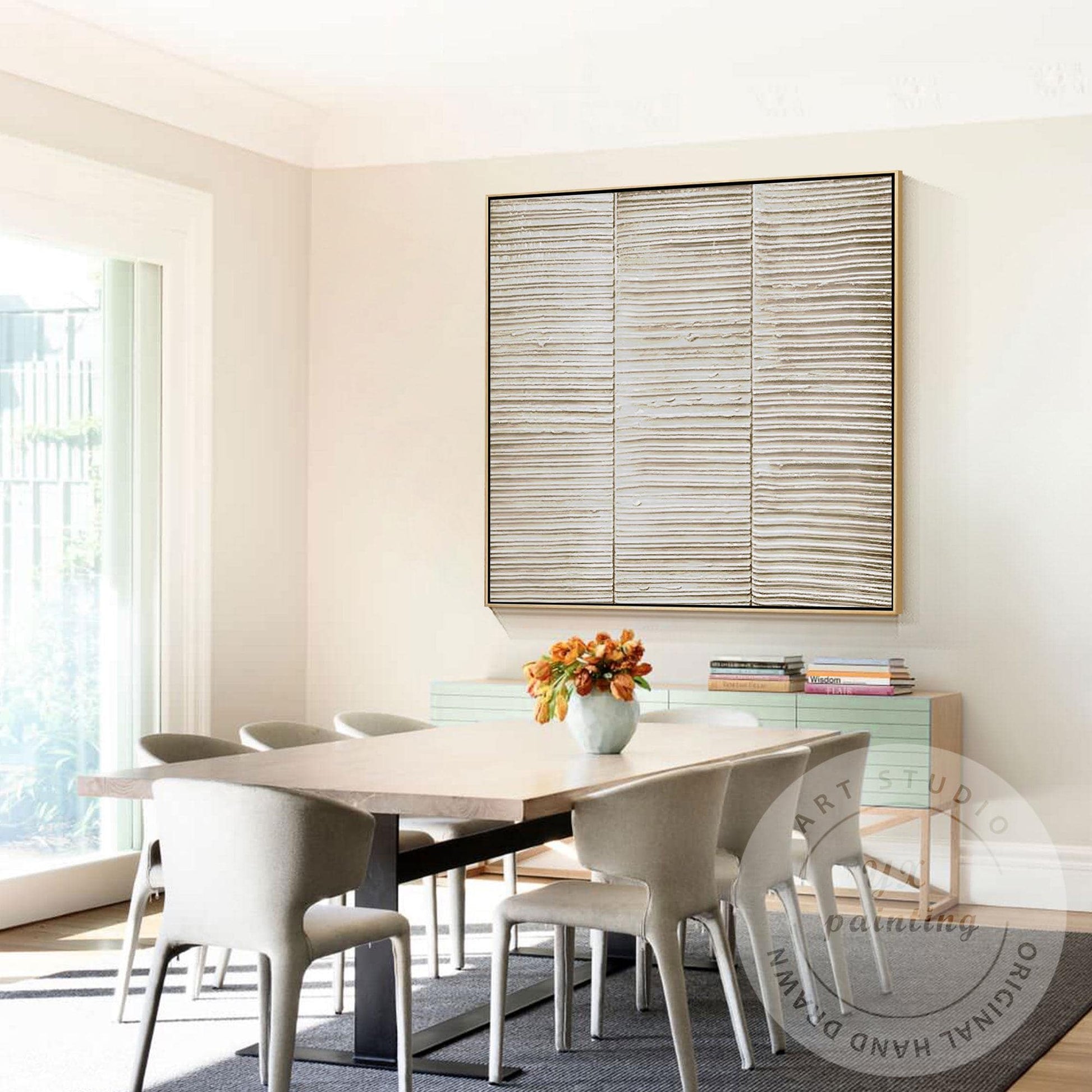 Abstract Beige Textured Wall Art – Minimalist Horizontal Line Canvas for Living  #4