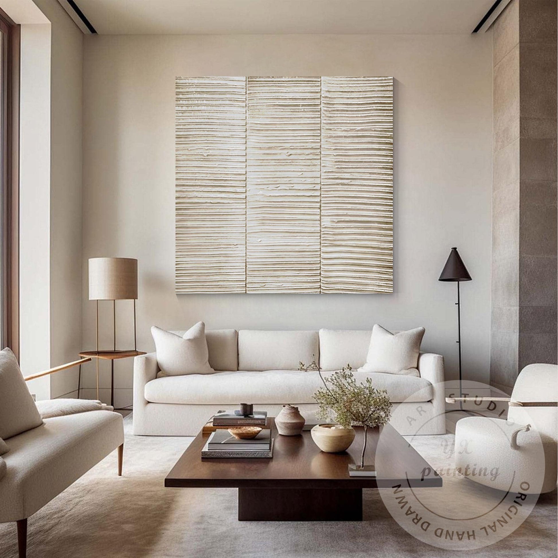 Abstract Beige Textured Wall Art – Minimalist Horizontal Line Canvas for Living  #1