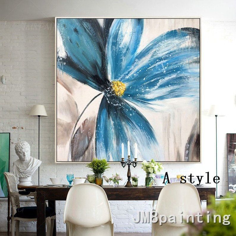 Abstract bloemenschilderij blauwe bloem acrylschilderijen op canvas origineel ex #11