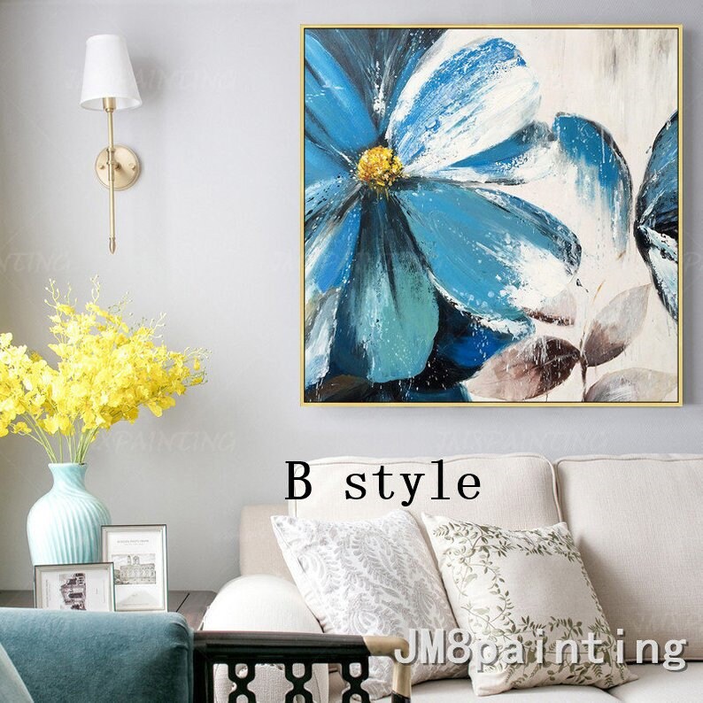Abstract bloemenschilderij blauwe bloem acrylschilderijen op canvas origineel ex #12