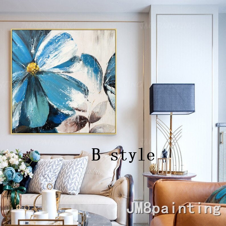 Abstract bloemenschilderij blauwe bloem acrylschilderijen op canvas origineel ex #17