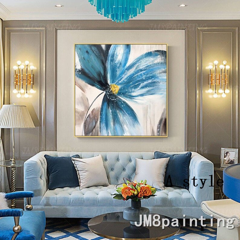 Abstract bloemenschilderij blauwe bloem acrylschilderijen op canvas origineel ex #4