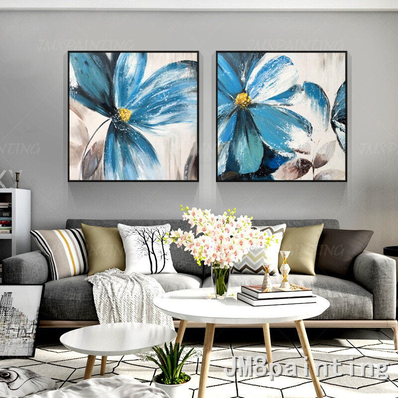 Abstract bloemenschilderij blauwe bloem acrylschilderijen op canvas origineel ex #5