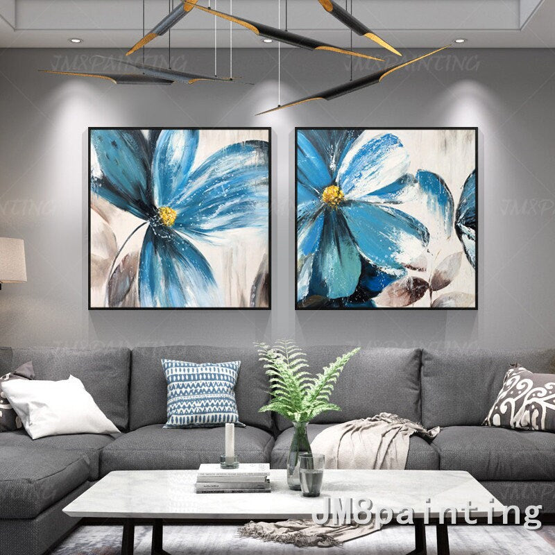 Abstract bloemenschilderij blauwe bloem acrylschilderijen op canvas origineel ex #6