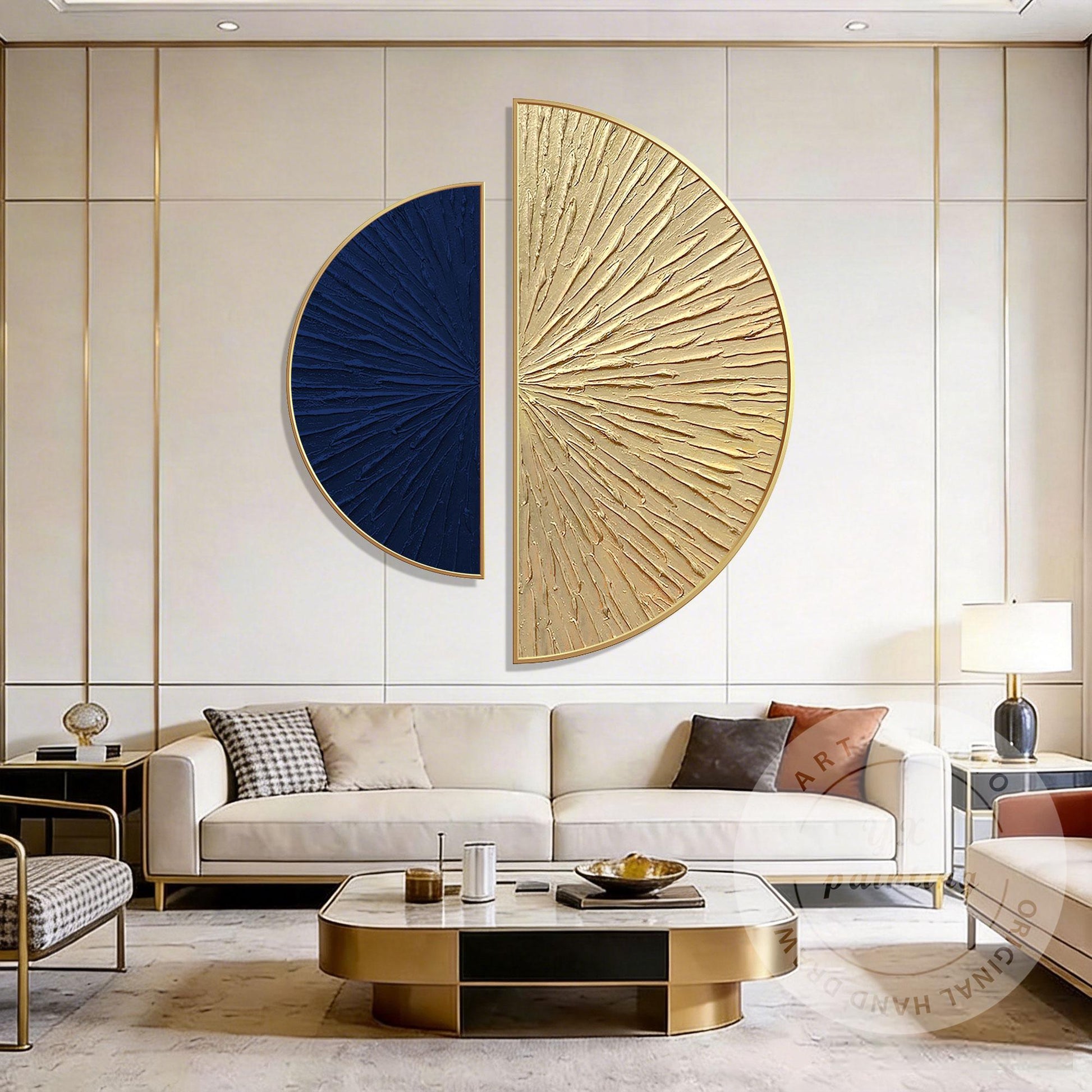 Abstract Blue Gold Wall Art Set, Modern Half Circle Canvas Painting, Textured Su #2