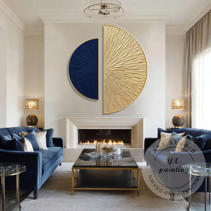 Abstract Blue Gold Wall Art Set, Modern Half Circle Canvas Painting, Textured Su #4