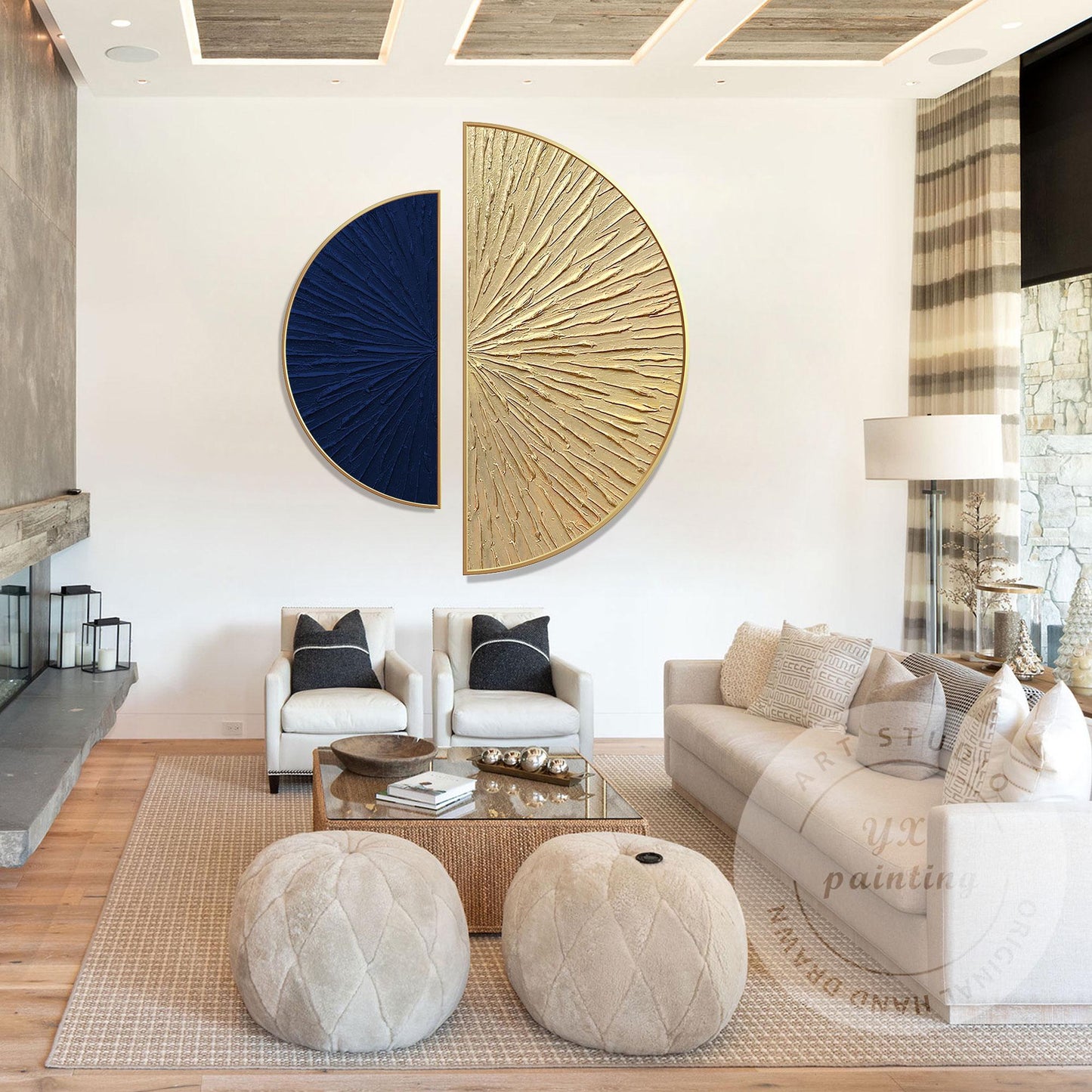 Abstract Blue Gold Wall Art Set, Modern Half Circle Canvas Painting, Textured Su #5